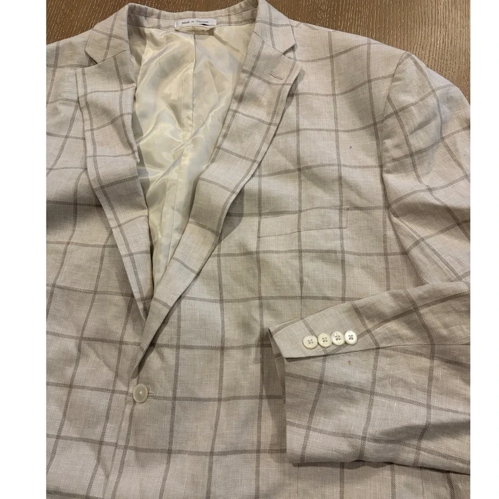 Lauren Ralph Lauren Men's 56L Linen Cotton Plaid Blazer Sport Coat Beige Gray